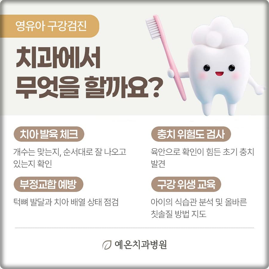 “영유아 구강검진 — 치과에서 무엇을 할까요?”라는 문구와 칫솔을 든 치아 캐릭터 그림, 그리고 치아 발육 체크·충치 위험도 검사·부정교합 예방·구강 위생 교육 네 항목이 적힌 예온치과병원 안내 이미지